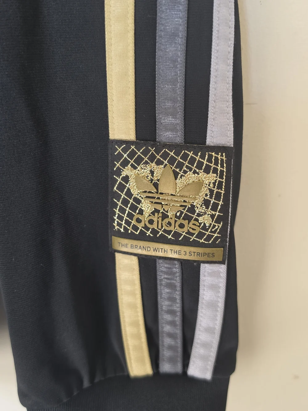 adidas Black Track Jacket with Gold & Gray Stripes Size Small